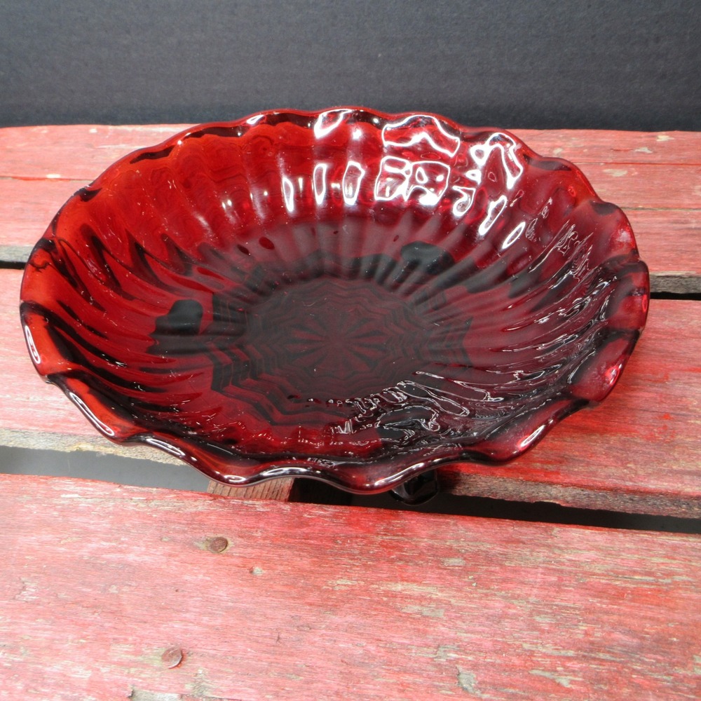 Vintage Ruby Red Glass Bowl Ruffled Edge Footed Starburst Candy Dish Decor